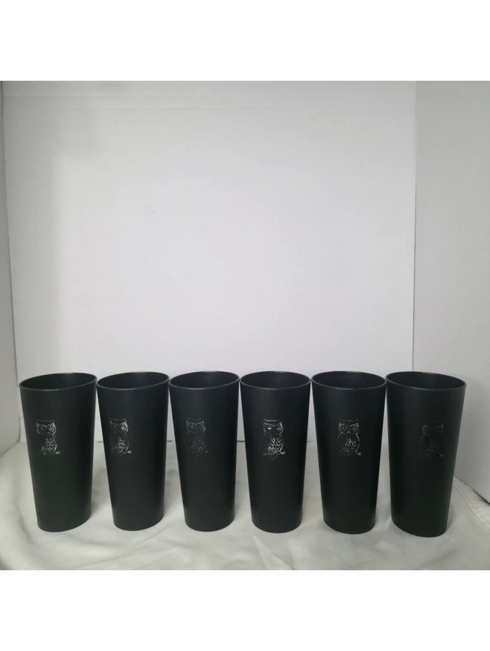 Vintage 1970s Black Owl Plastic Tumblers Set of 6 Retro MCM Gold Owl